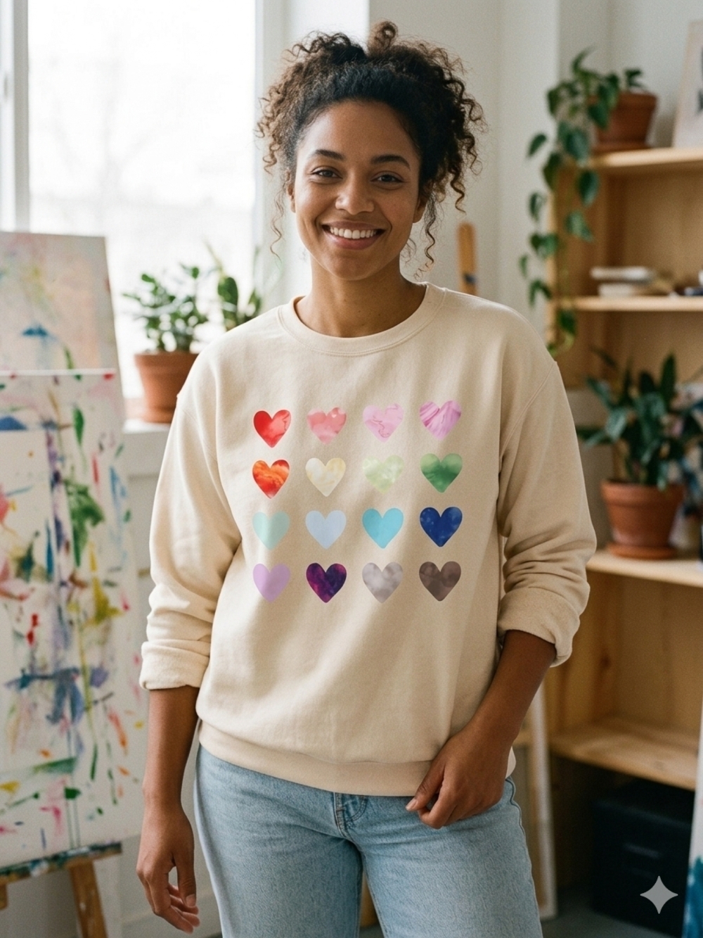 Cozy Cream Heart Sweatshirt Multicolor Watercolor Hearts Size XL NWOT P2P 23 In